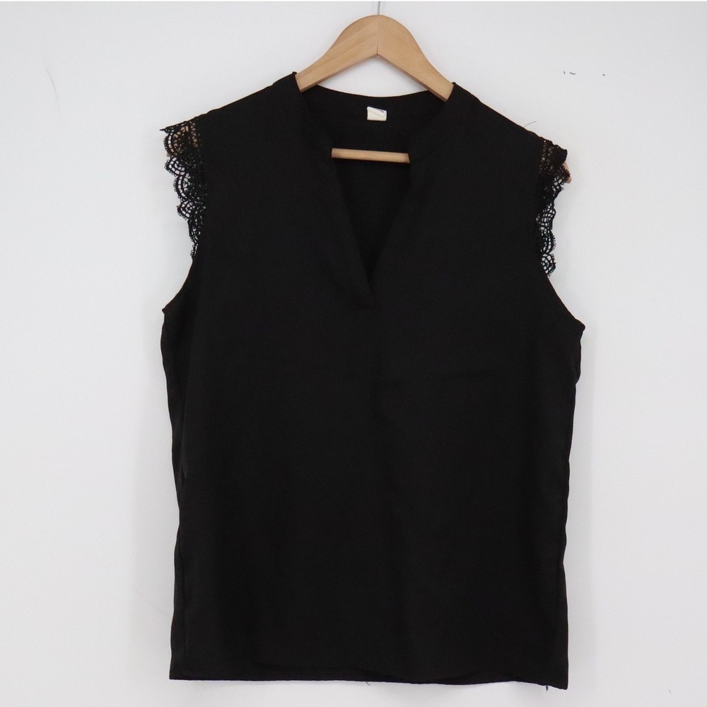 Unbranded Blouse Womens M Sleeveless Black Lace Trim Split Neck Excellent